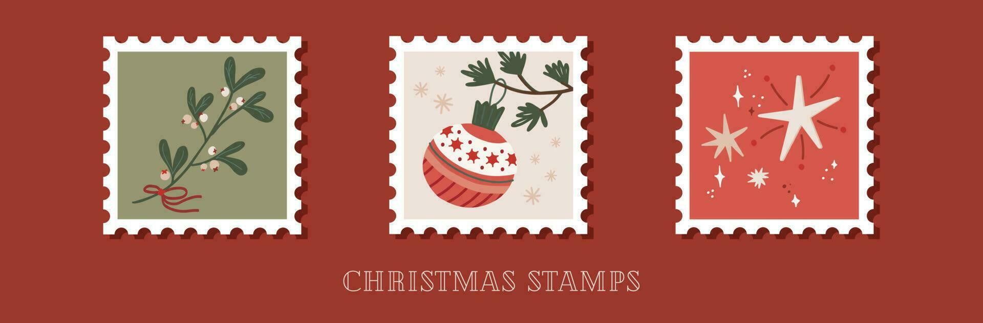 Hand drawn collection of christmas postage stamps in retro style vector