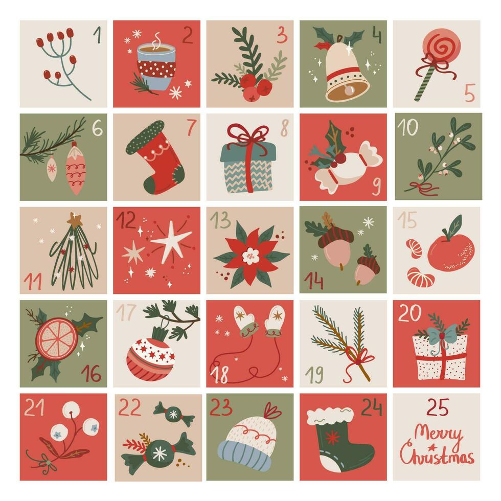 retro Navidad adviento calendario con números. vector diseño en Clásico estilo