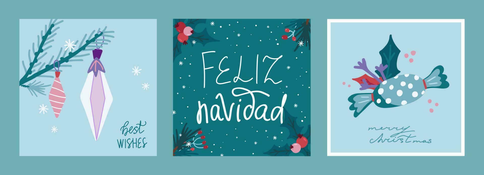 de moda conjunto de Navidad y nuevo año tarjetas con mano dibujado ilustraciones de Navidad símbolos vector