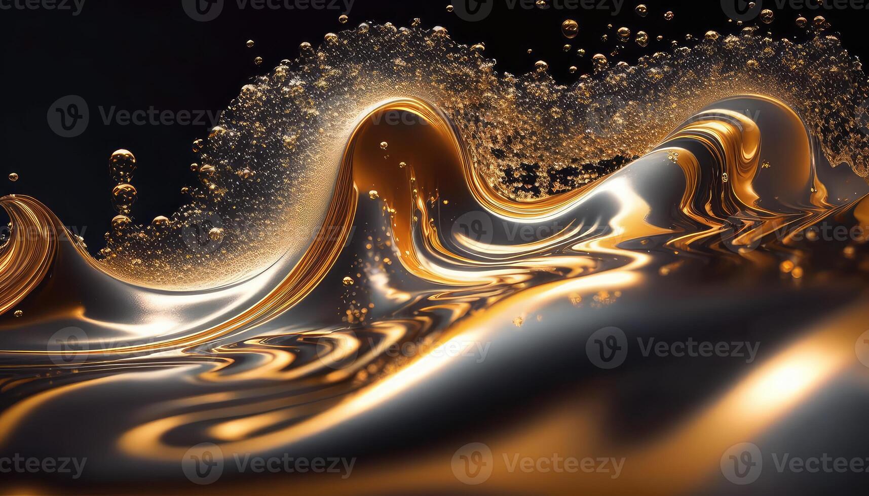 Golden smooth liquid waves and shiny particles abstract background. photo