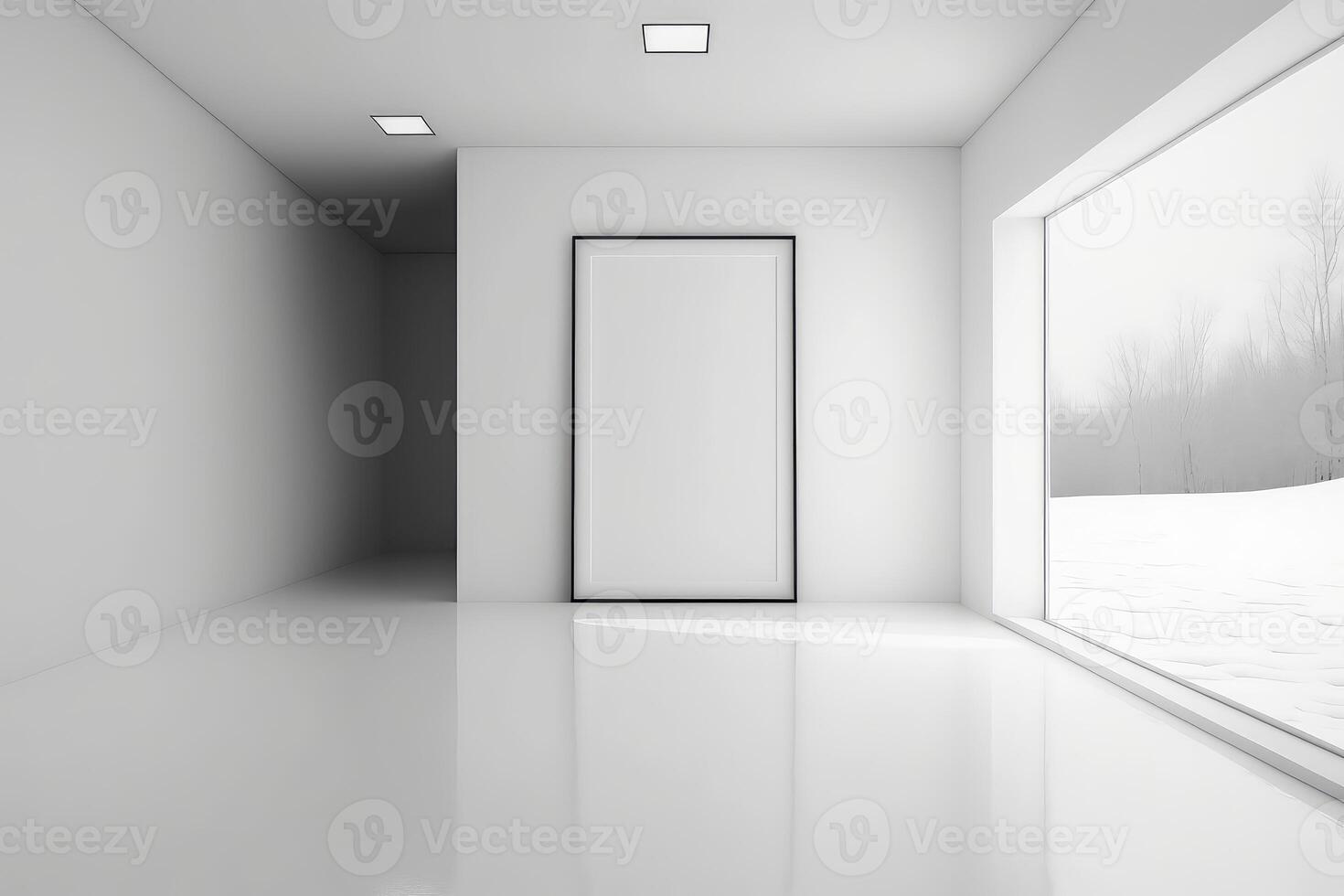 blanco minimalista interior con un invierno paisaje fuera de el ventana. generativo ai foto