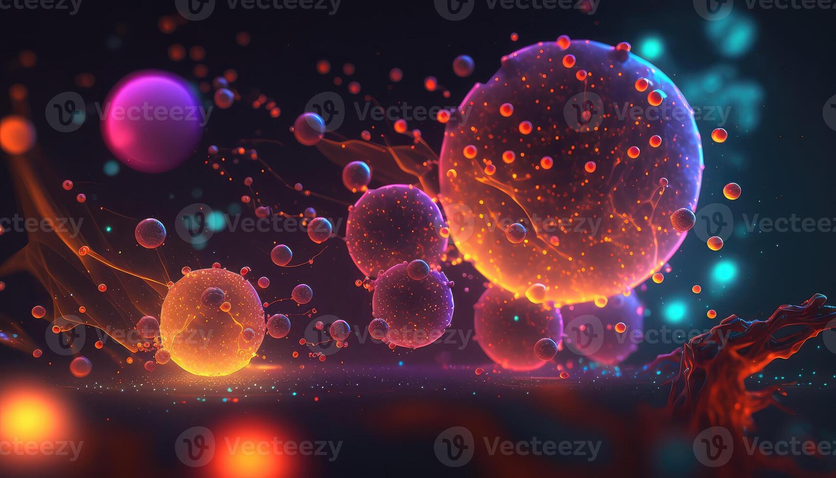 Glowing neon molecules abstract background. photo