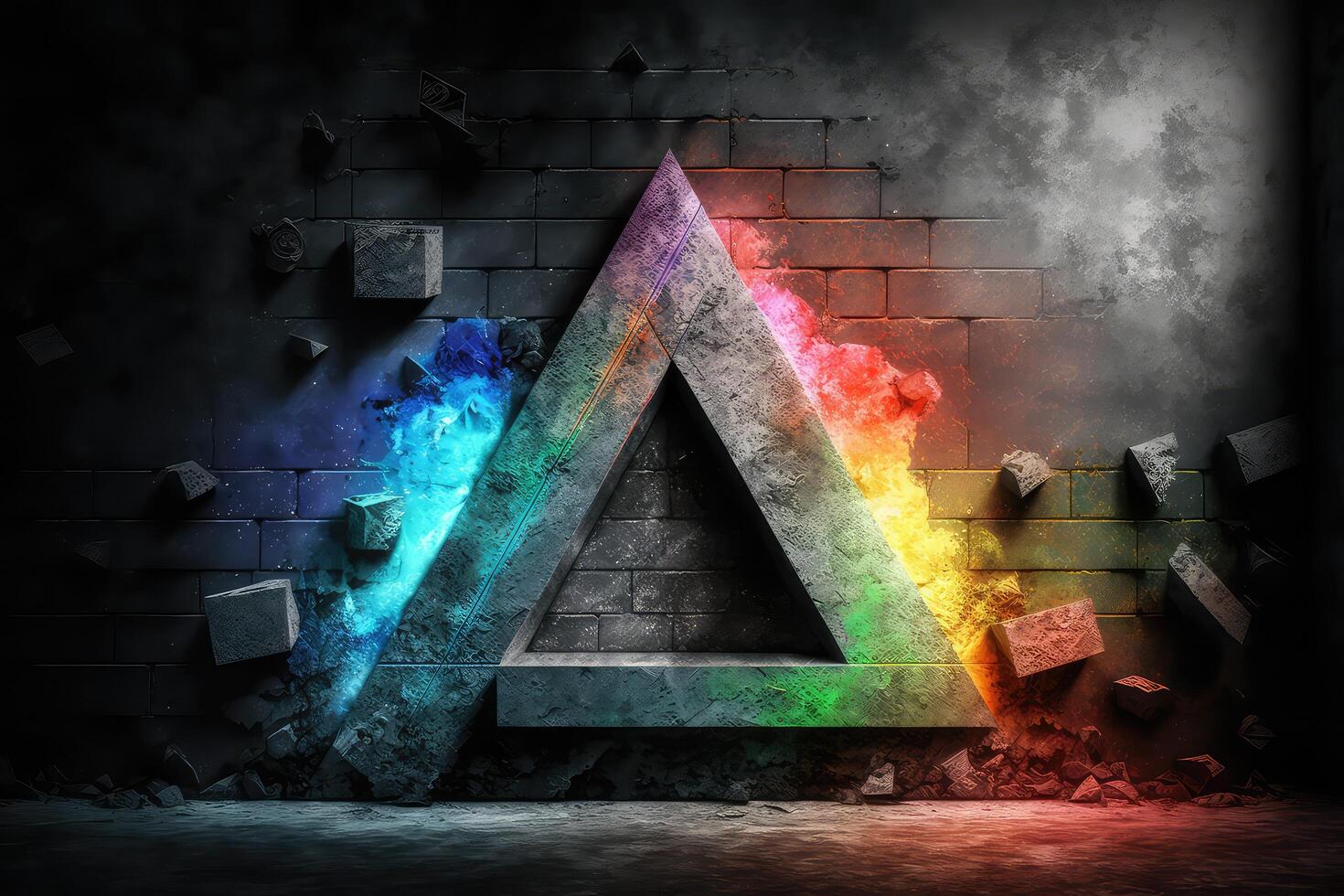 Grunge luminous triangle on brick wall. photo