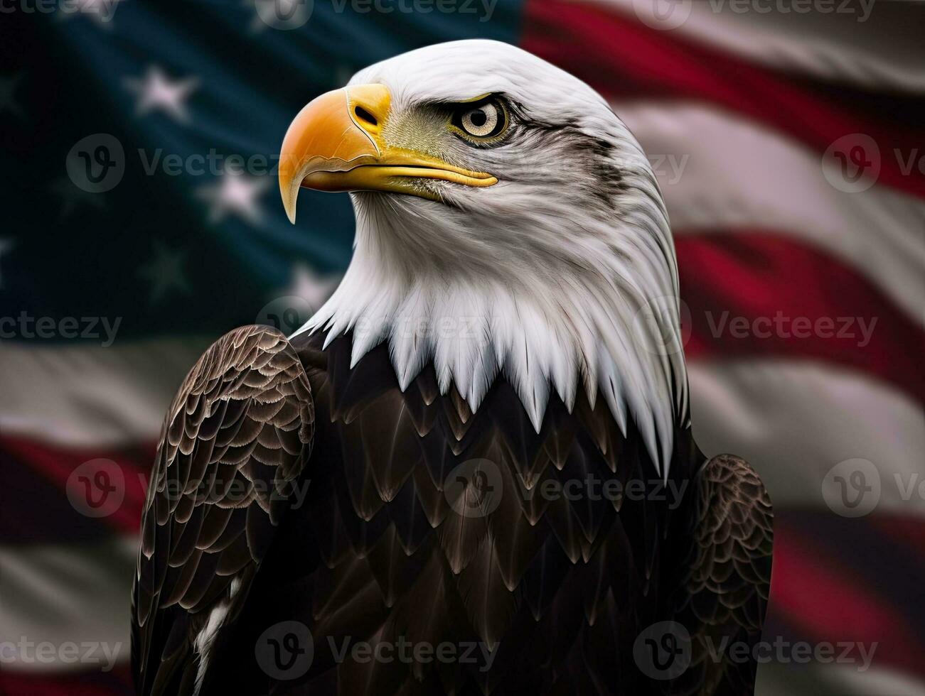 Bald Eagle with USA Flag in the background. AI Generative photo