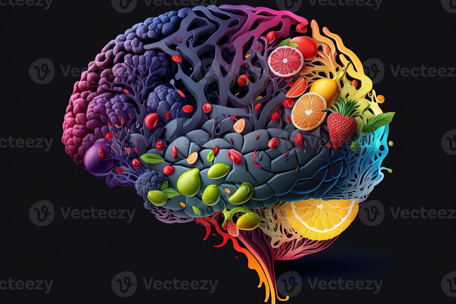 Human brain made of fruits and vegetables created using technology. Concept of nutritious foods for brain health and memory. Illustration Healthy brain food to boost brainpower nutrition photo