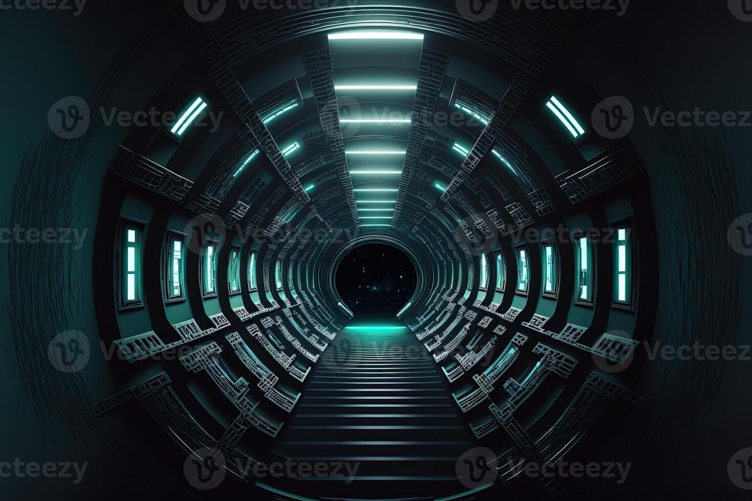 Sci-Fi Cyber Futuristic Empty tunnel Background exit or goal ahead. Abstract cyber or digital speedway concept Cyberpunk Cyber Synth Tunnel Corridor photo