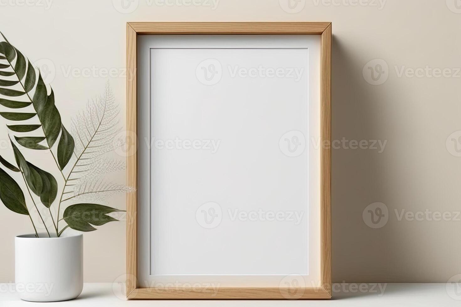 Blank picture frame mockup on wall in modern interior. Artwork template mock up in interior design. Wooden Picture Frame Mockup on White Wall Minimalist - photo