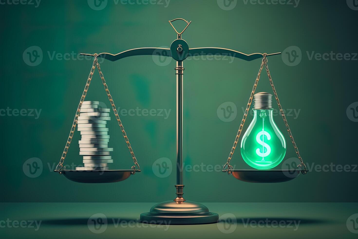 Scales with light bulb on one side and money on the other, concept of ideas and innovation, green background. Digital illustration. photo