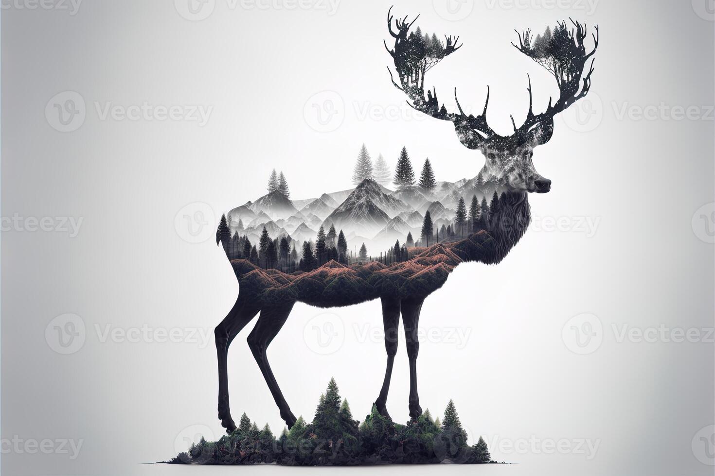 Double exposure of a deer and jungle on white background. Camping concept. Vintage Grizzly for t-shirt design, sticker, poster, and wallpaper. Adventure deer illustration photo