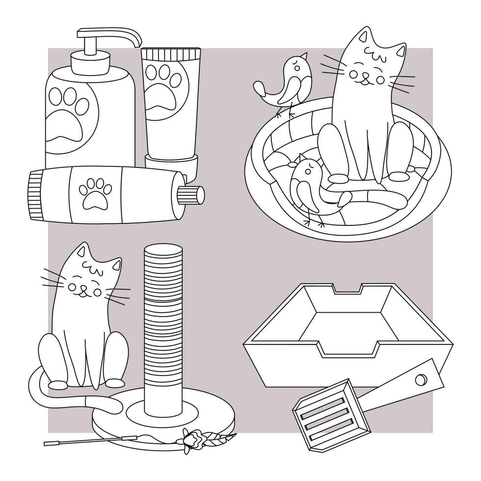 Set of elements for animals, cats, dogs. Pet care.  Line art. vector