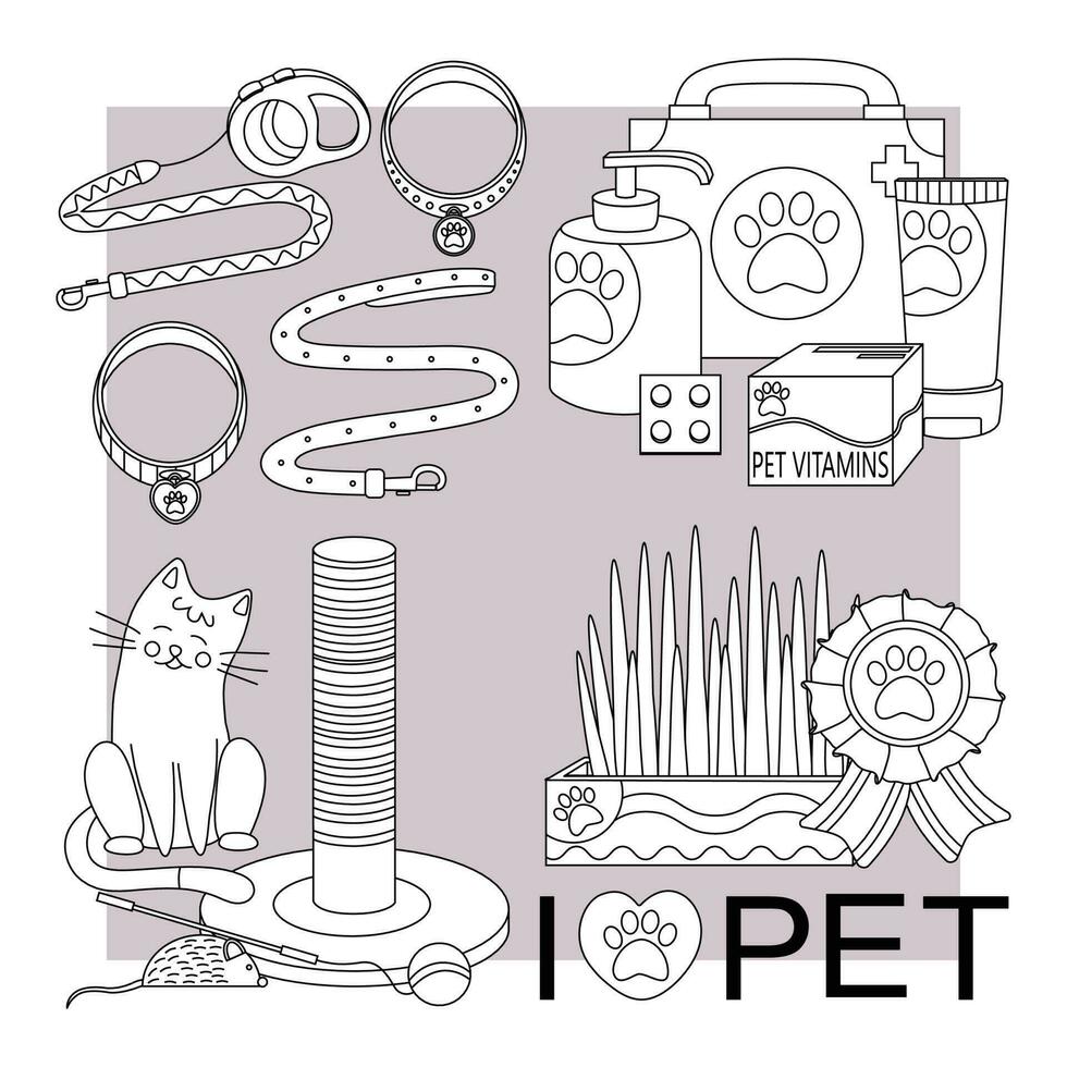 Set of elements for animals, cats, dogs. Pet care.  Line art. vector