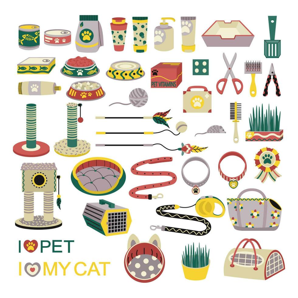 A large set of elements for animals, cats, dogs. Pet care. vector