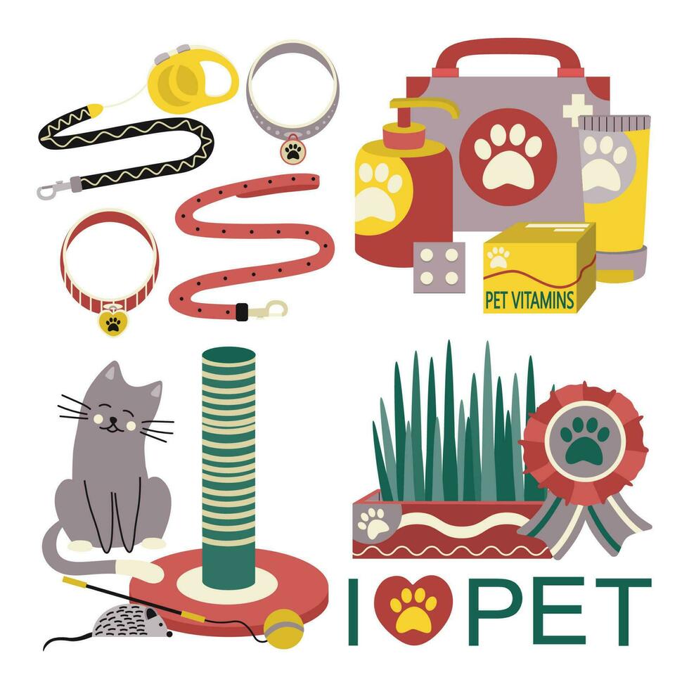 conjunto de elementos para animales, gatos, perros. mascota cuidado. vector