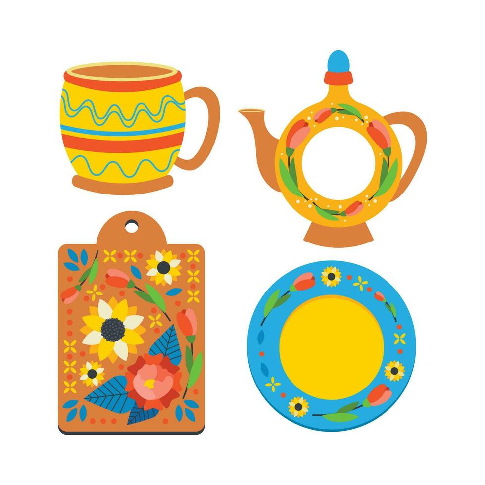 Utensils with an ornament, a jug, a cup, a plate vector