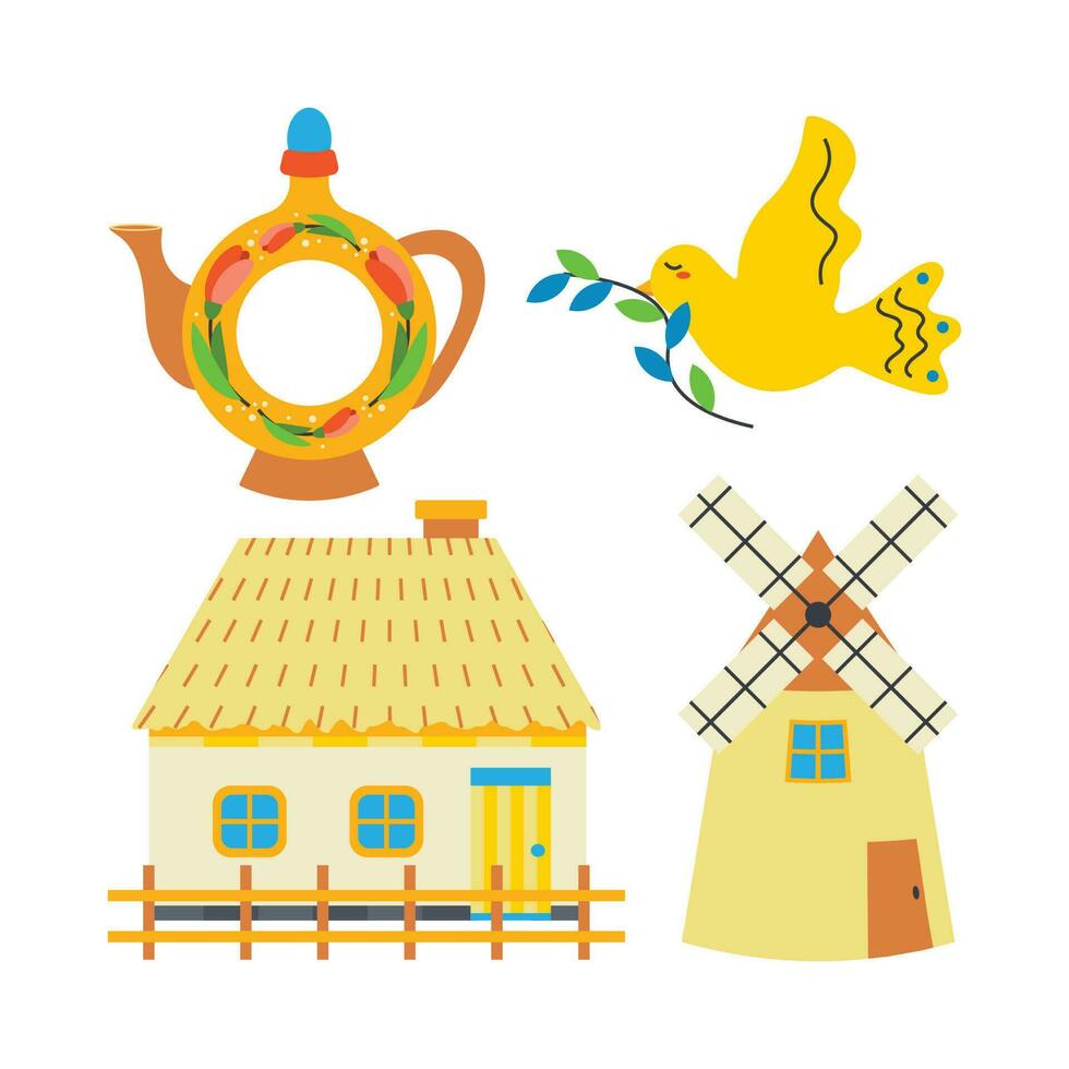 ucranio casa, jarra, molino, pájaro con un rama. vector