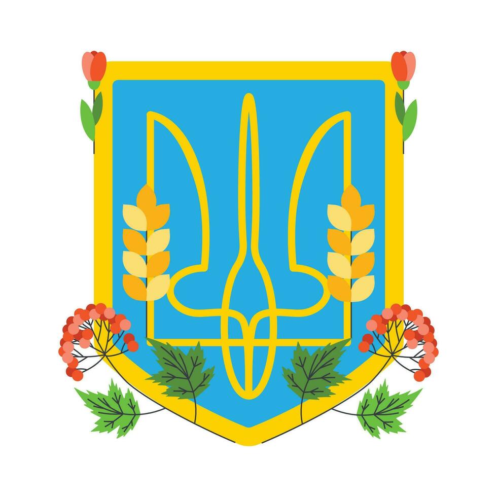 Emblem of Ukraine with viburnum and flowers. Ukrainian symbols vector