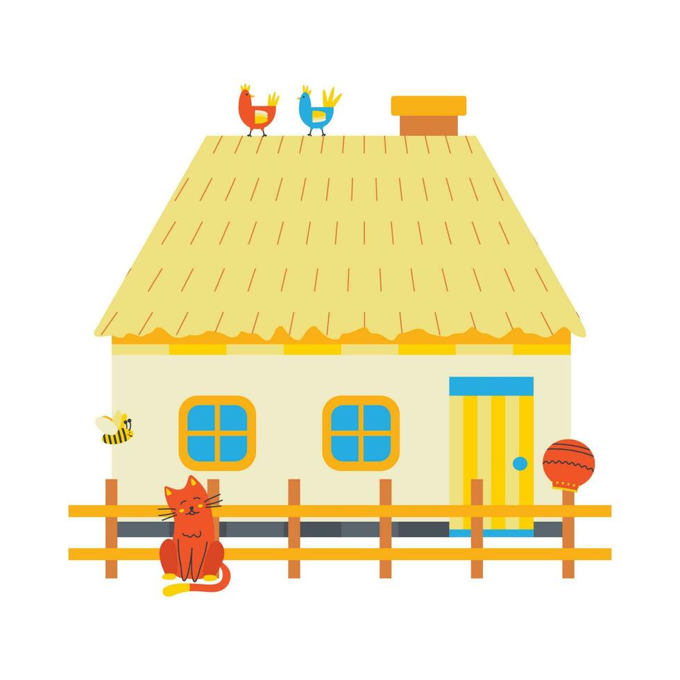 un casa con un cerca, un gato, aves, pollos ucranio simbolos vector