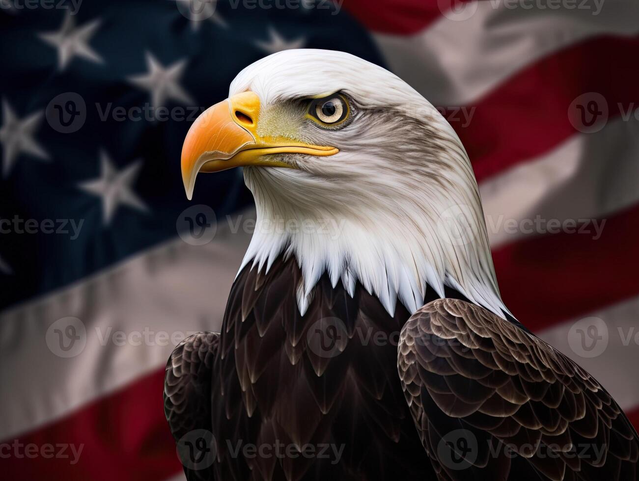 Bald Eagle with USA Flag in the background. photo