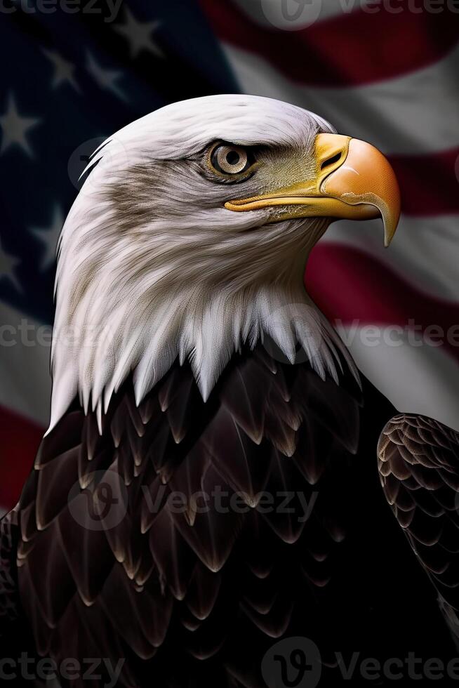 Bald Eagle with USA Flag in the background. photo