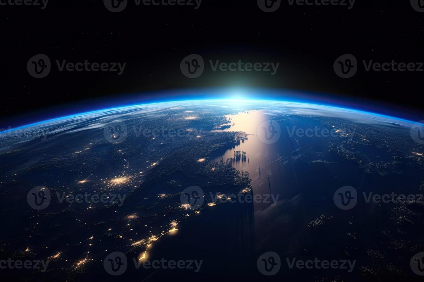amanecer ver de el planeta tierra desde espacio con el Dom ajuste terminado el horizonte. ai generativo foto