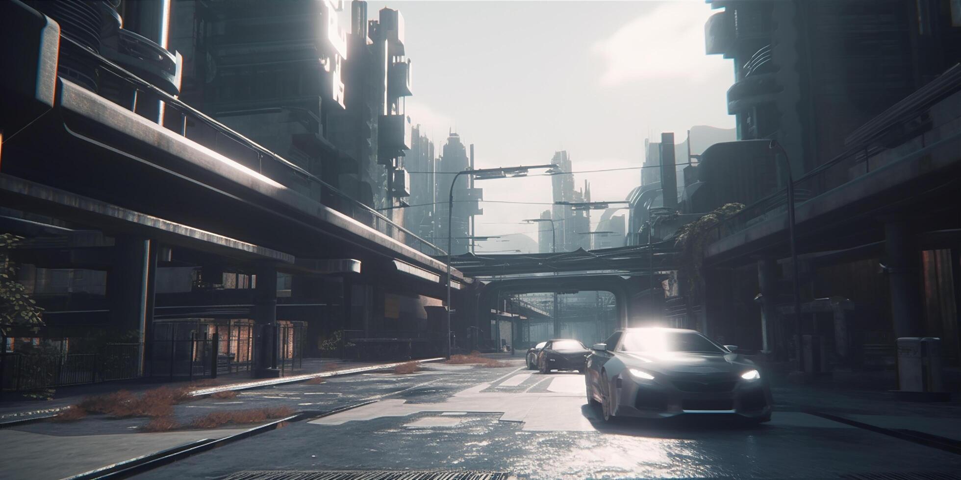 Science Fiction city scenery with with high tech cars. photo