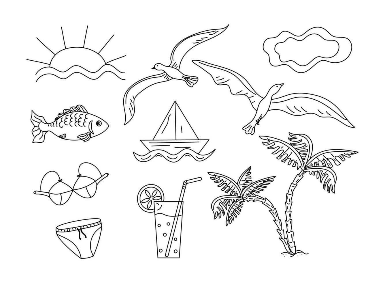 verano playa colocar. íconos de verano, playa, vacaciones por el mar, el océano. tropical clima, sol, palma árbol, yate, traje de baño. frío bebida en un vaso. vector gráfico. ilustración en aislado antecedentes.