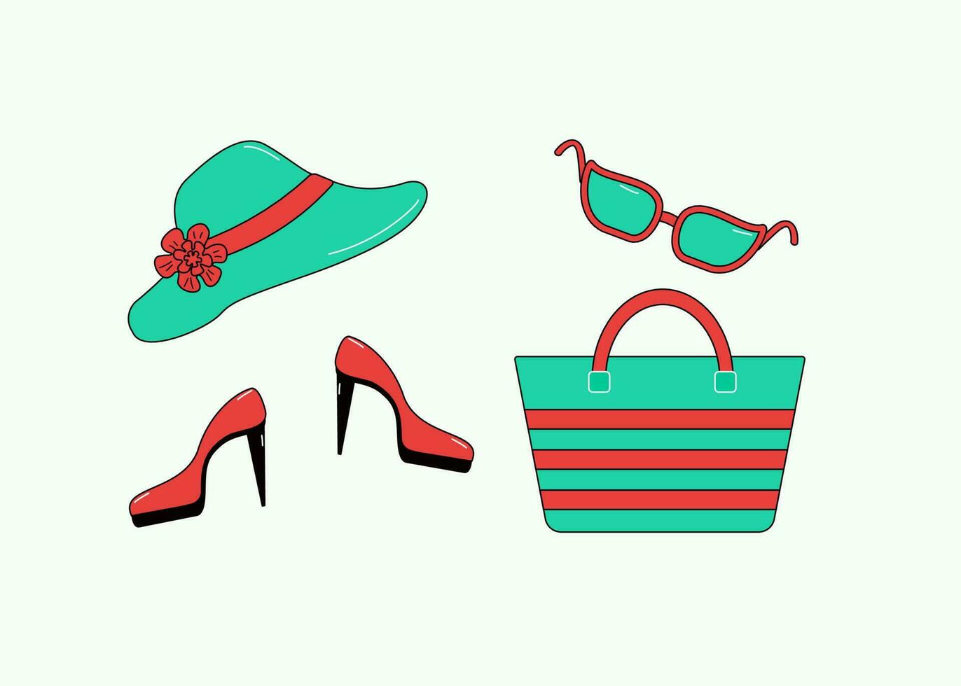 Hat, sunglasses, shoes and bag.   Summer Clothes Set. Vector illustration.