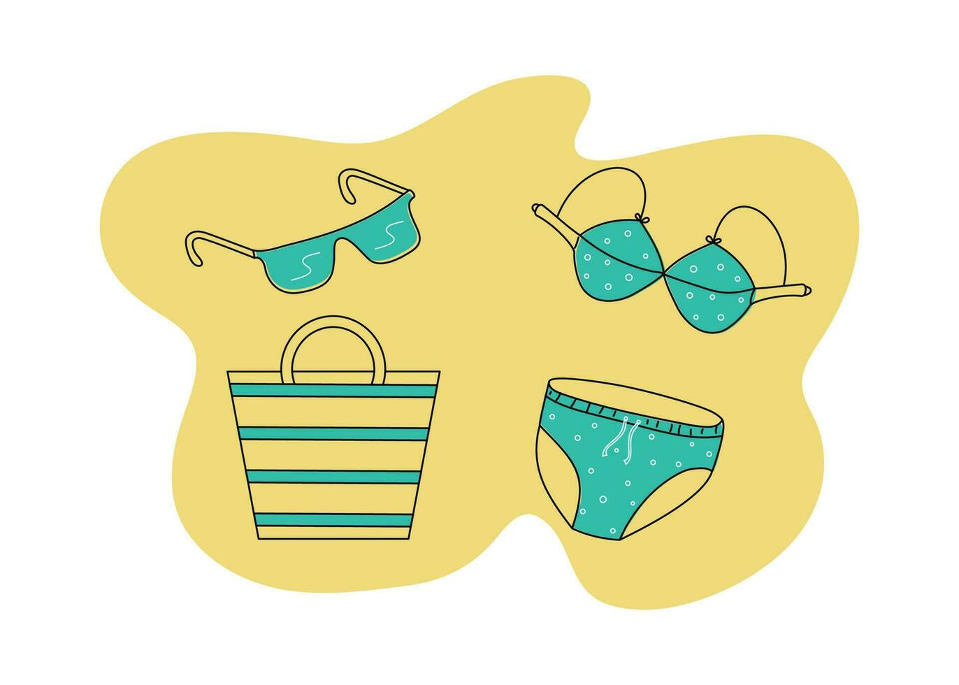 Swimsuit , Sunglasses , Beach Bag.   Underwear for sunbathing and swimming. Summer clothing. Vector illustration.