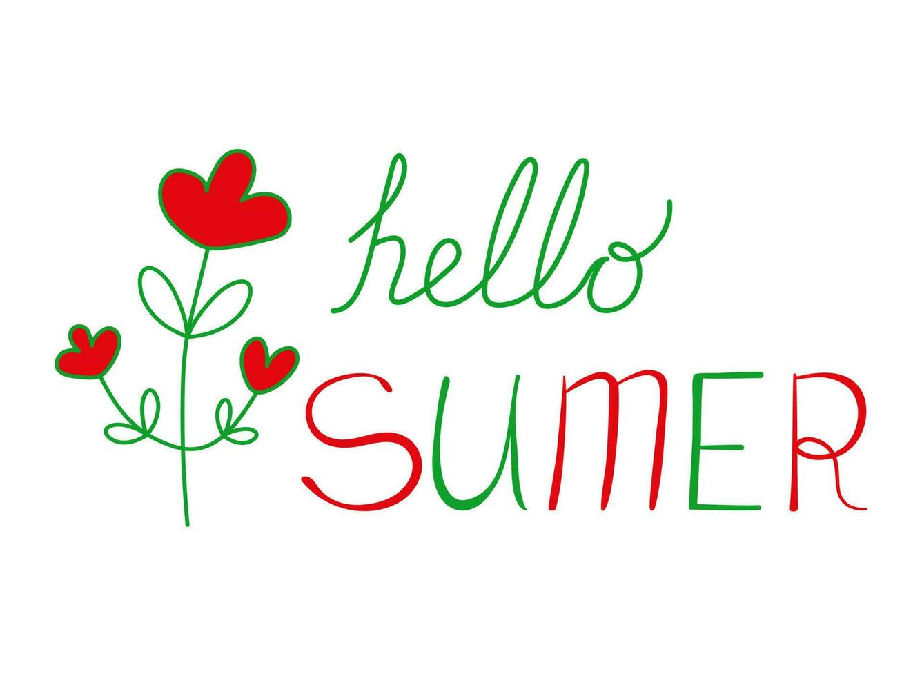 Summer Season. The slogan Hello Summer. Flower and text, hand-drawn lettering. Calligraphy quote. Banner, greeting. Plant, branch with leaves and buds. Abstract vector illustration. Graphic print.