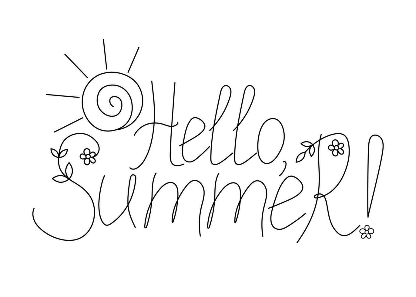 Lettering doodle. Slogan Hello Summer. Drawing, sketch. Text, calligraphy. Sun.  Vector illustration.