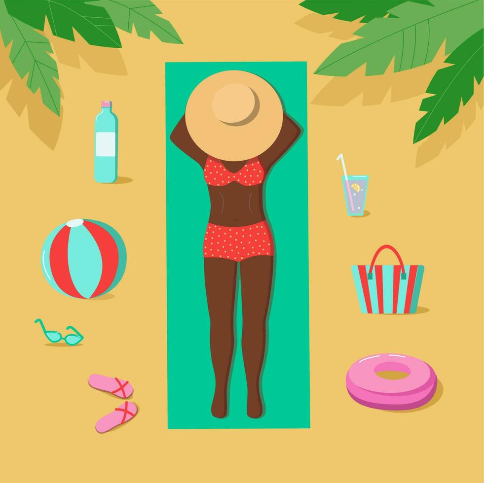 niña con oscuro piel, joven negro mujer en un sombrero y un traje de baño. broncearse en el playa. vacaciones por el mar, océano, palma árbol, plantas, hojas, decoración. vector. playa accesorios, mujer. vector