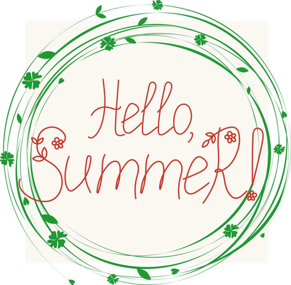 A frame of grass and flowers.  Slogan Hello Summer. Text, calligraphy. Wreath of plants, branches. Vector illustration.