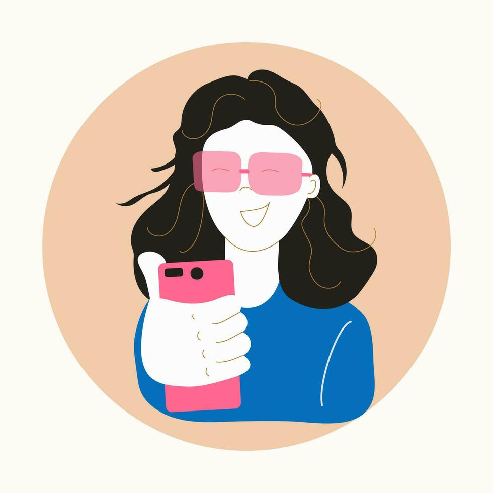 un joven mujer con un teléfono y Gafas de sol. un niña y un teléfono inteligente autofotos, comunicación. charlar, conversación, foto. vector ilustración, antecedentes aislado.