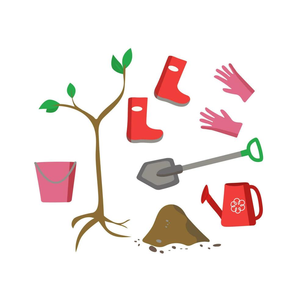 Tree planting tool set. Fruit tree day, orchard care. Sapling , boots, gloves, shovel and watering can to water the plants. Vector illustration, background isolated.
