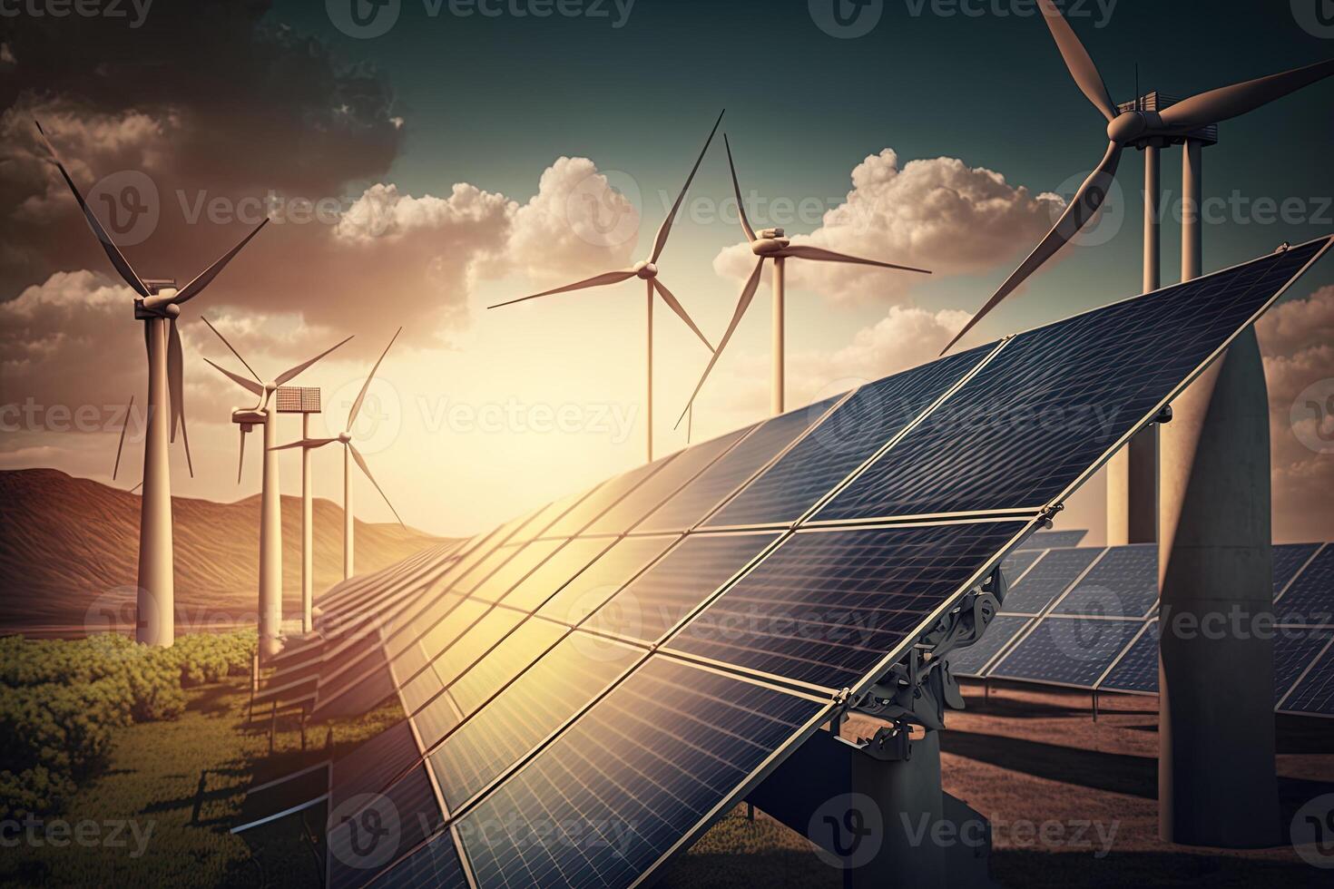 Renewable energy background with green energy as wind turbines and solar panels. green energy concept energy sources sustainable Ecology Elements photo