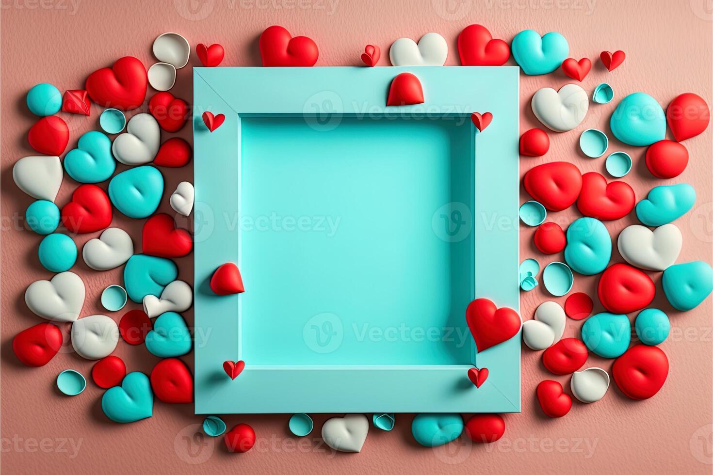 Valentine frame and banner. Red, blue, cyan, pink decoration. flat lay, romantic. Love and valentine day concept. photo