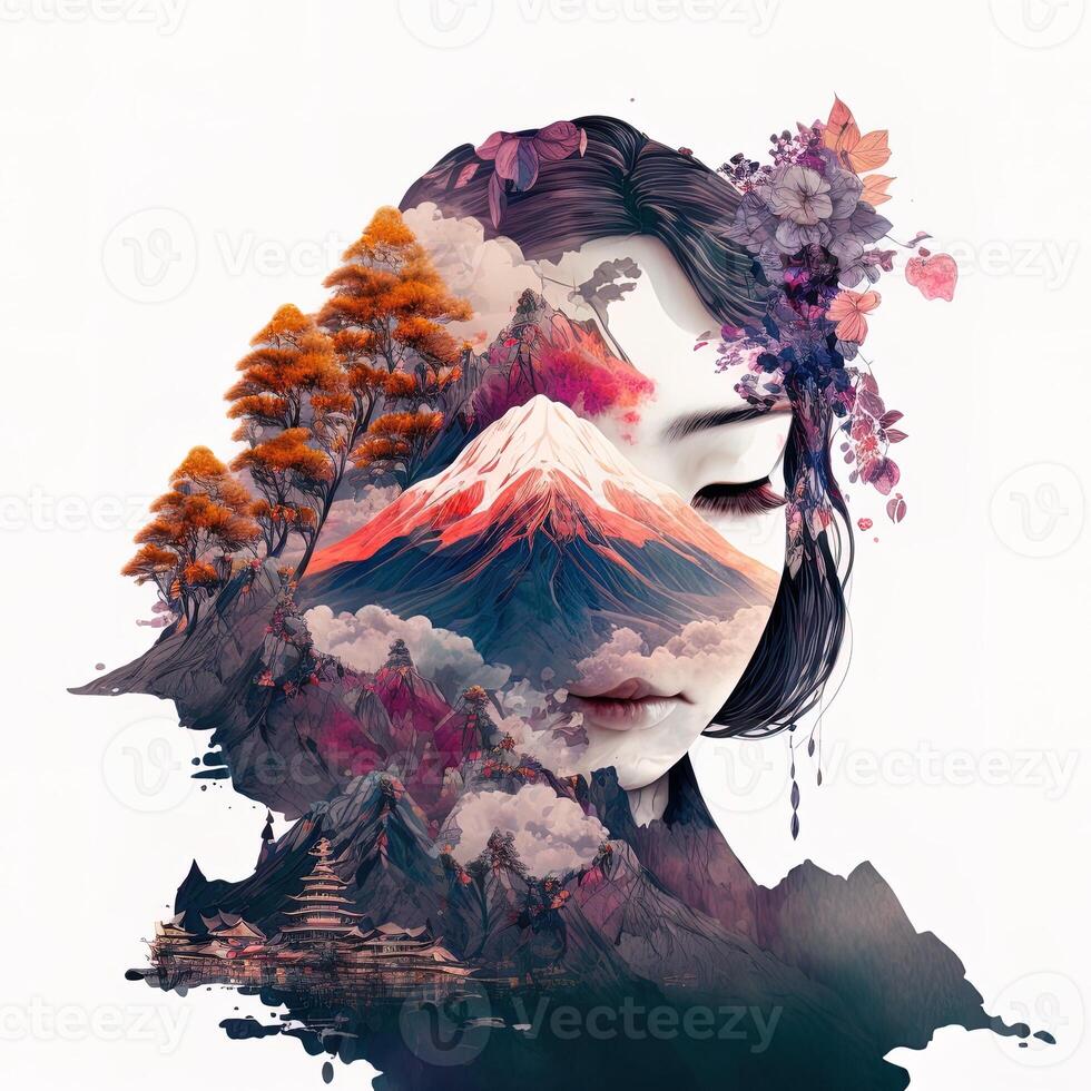 double exposure of a gorgeous geisha and Mount Fuji with peach flower and river. Beautiful face of Asian woman on white background, image combined with nature, green mountains landscape photo