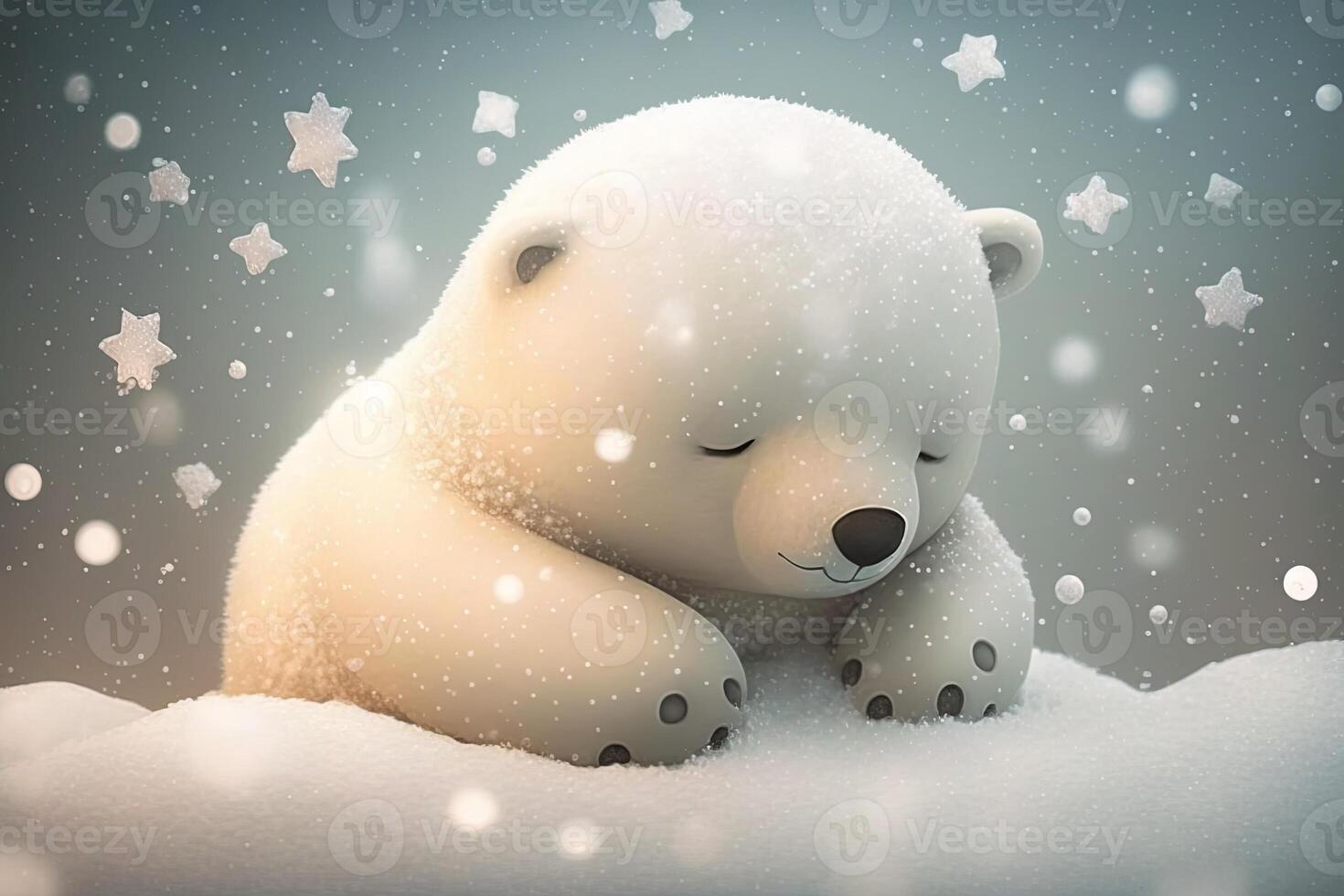 cute polar bear baby cartoon dreamlike in snow, winter, . Animal and landscape concept. photo