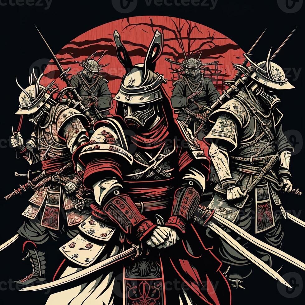 Samurai warrior with katana sword. Ronin samurai against five enemy surrounded about to fight, comic style photo