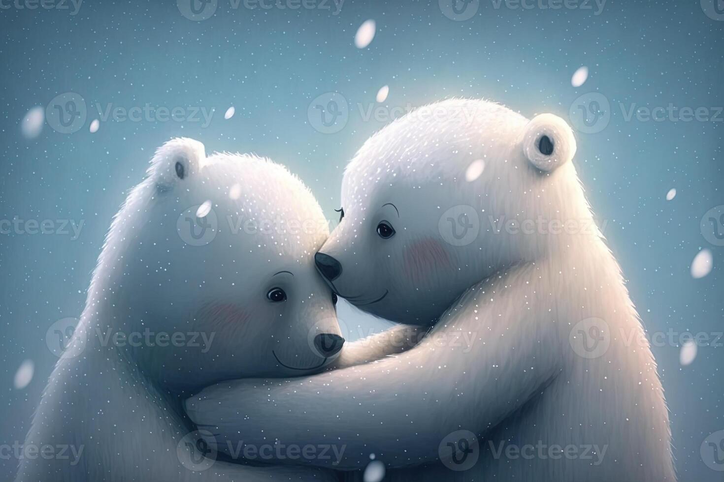 dos linda polar abrazo juntos en blanco nieve antecedentes. madre y bebé polar oso acurrucarse como familia en nieve en invierno. generativo ai foto