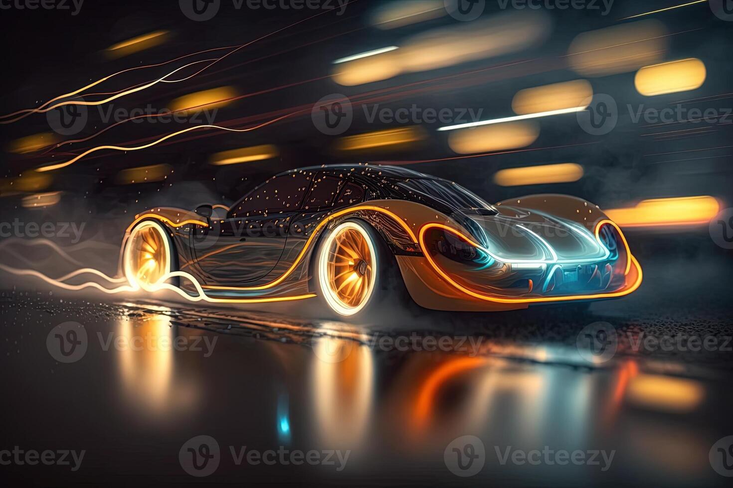 hyper car neon background . Streamline test over the modern car design, diffuse plastic optic, some glowing contours illuminate the car details, dark scene, cinematic lightning photo