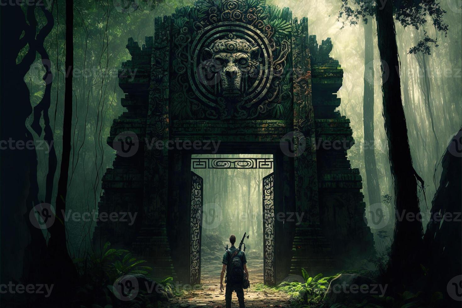 Mayan gate in the forest. . Concept art of an explorer walking in the middle of the jungle through a secret gate. An adventurer in a green tropical rainforest discovering a secret passage photo