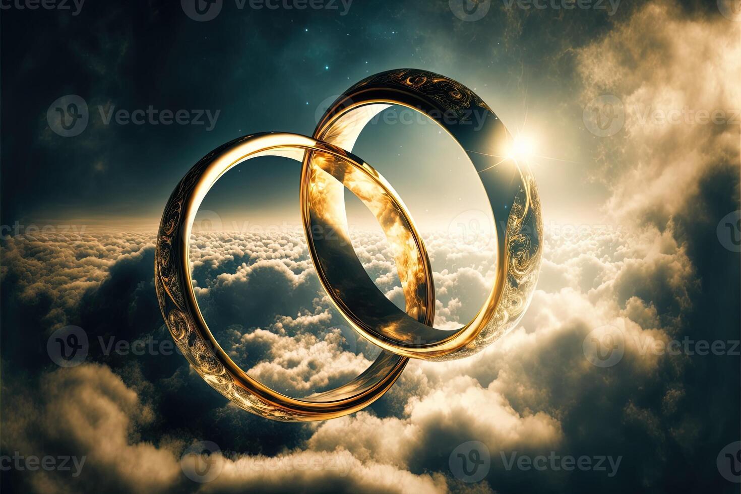 un par de oro Boda anillos flotante en el cielo. dos Boda anillos flotante en el nubes con un Dom en el antecedentes y un azul cielo con nubes abajo a ellos. generativo ai. Boda concepto. foto