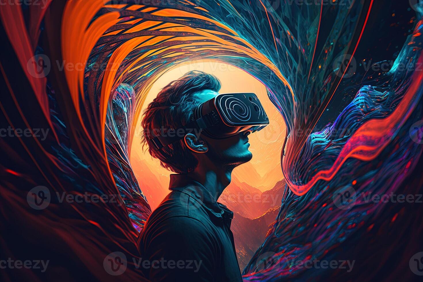 illustration of an enthusiastic young man wearing virtual reality goggles is inside the metaverse. Metaverse concept and virtual world elements. Games and entertainment of the digital photo