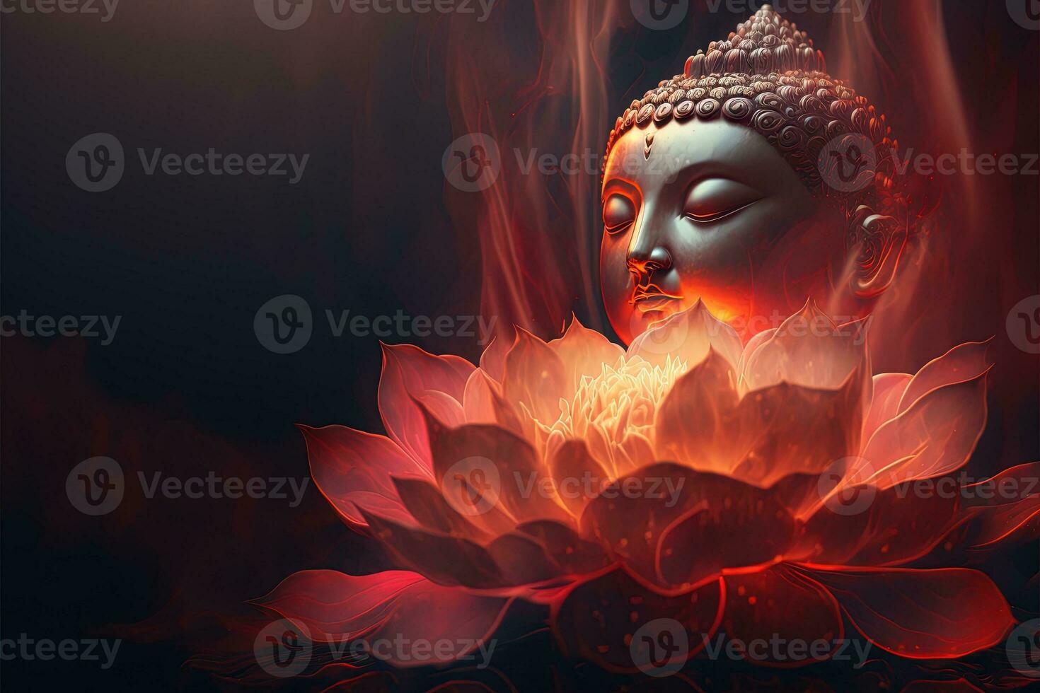 Beautiful light spectrum Buddha's light flashing, Bright red, yellow lotus flower, burning cloud-like petals, surrounded by magic chaos light, white smoke, falling reflected light, water pattern. photo