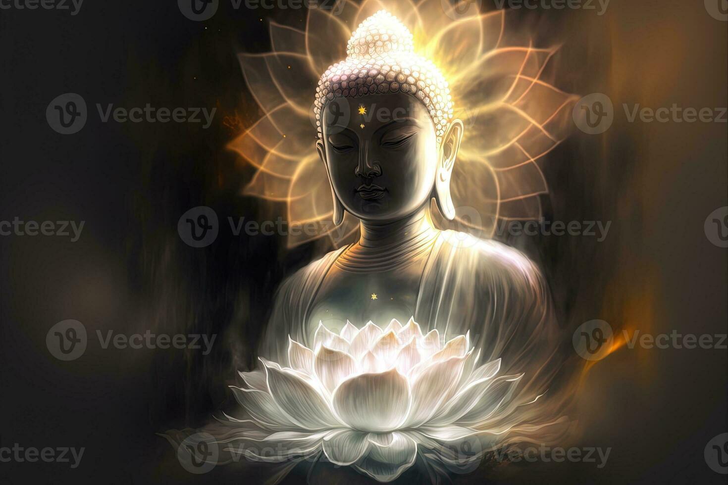 Beautiful light spectrum Buddha's light flashing, Bright red, yellow lotus flower, burning cloud-like petals, surrounded by magic chaos light, white smoke, falling reflected light, water pattern. photo