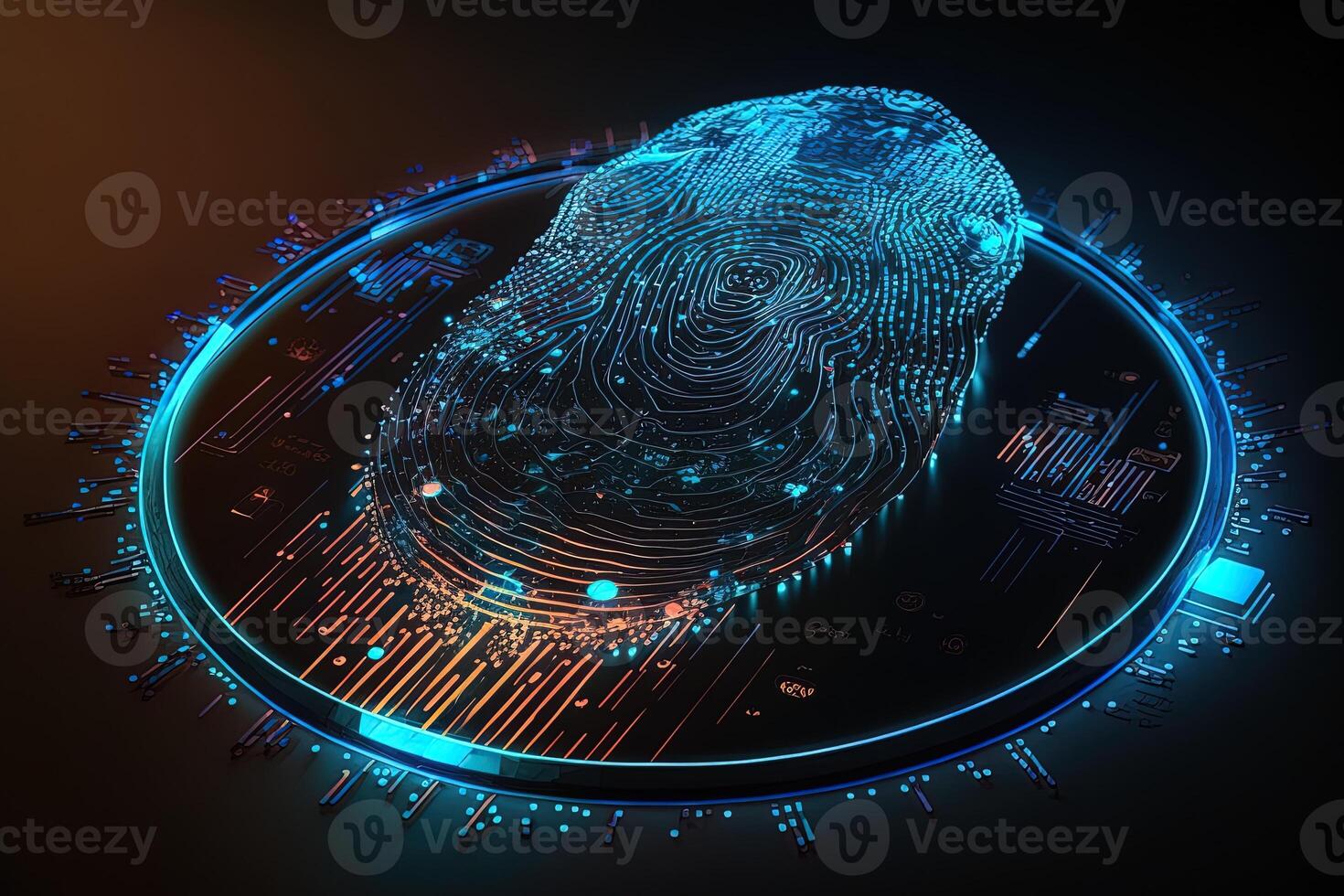 Photo of Holographic Fingerprint Security in the Digital Age, Protecting Big Data with AI Technology . Fingerprint integrated in a printed circuit, releasing binary codes.