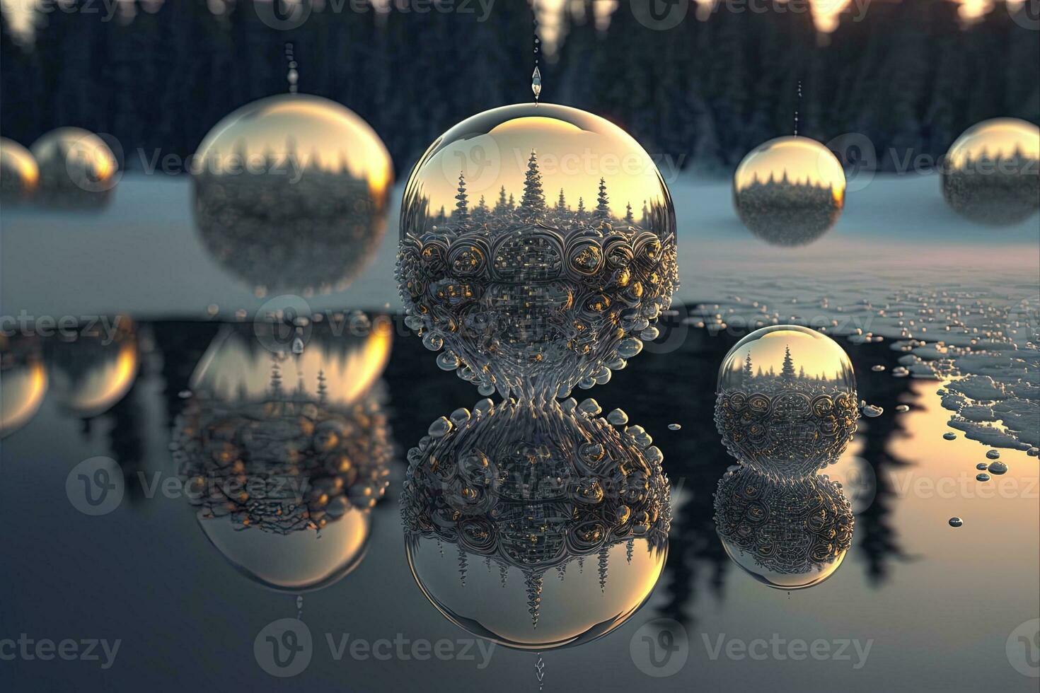 Christmas white decorations on snow with fir tree branches. Winter Decoration Background. Focus of tiny liquid mirror balls falling from the sky , each containing a tiny perfect city inside photo