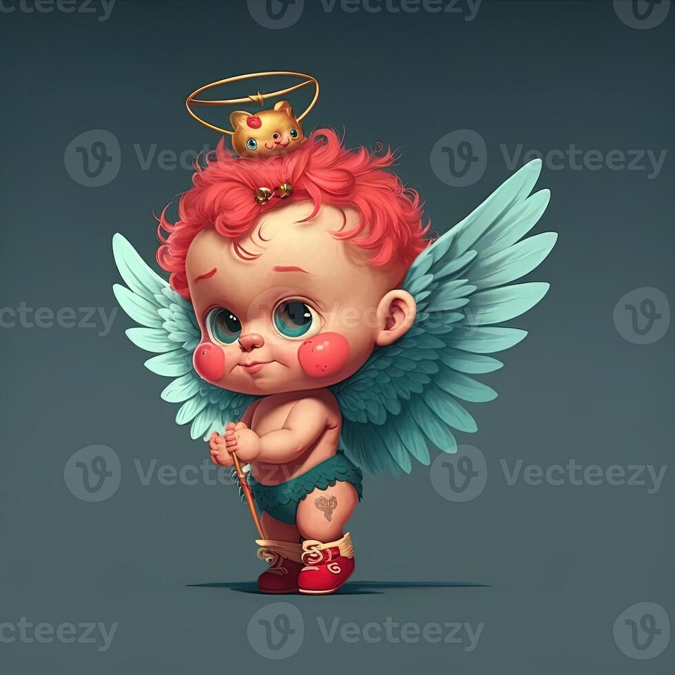 adorable baby cupid beautiful portrait, full body hand holding a bow and arrow, cartoon style character. Love and valentine concept. photo