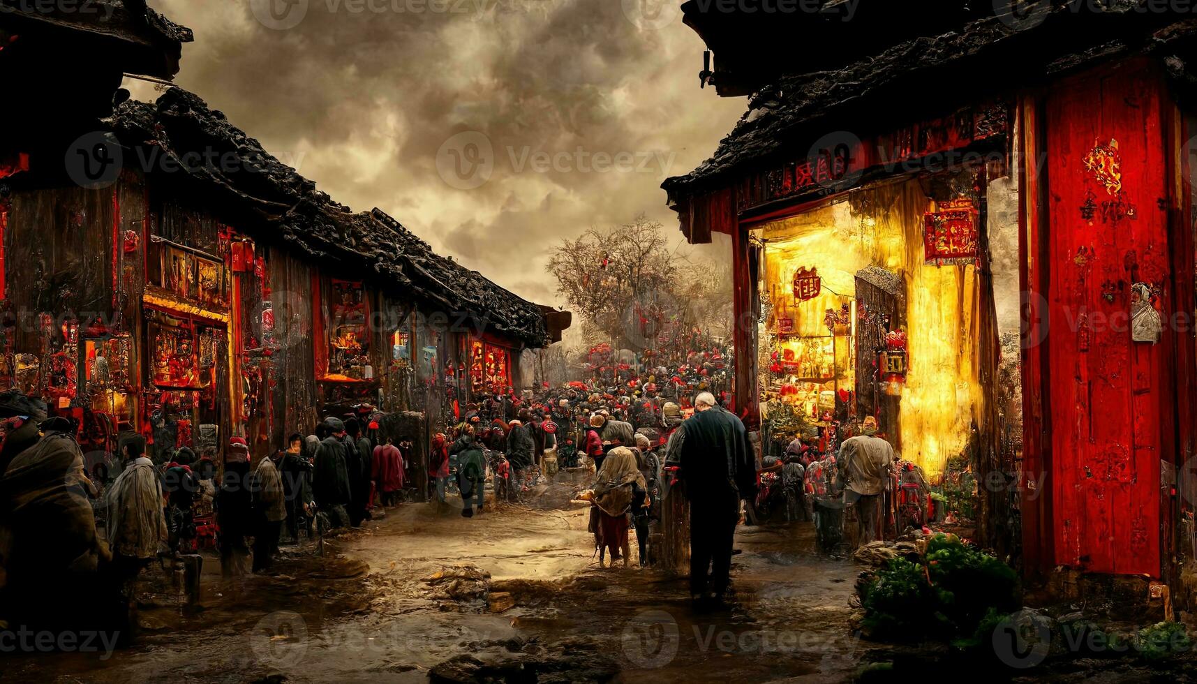 Ancient Chinese village, Chinese New Year, peach flower blossom, multi firework in the sky, bustling market, withered trees. Happy new year concept. Generate AI photo